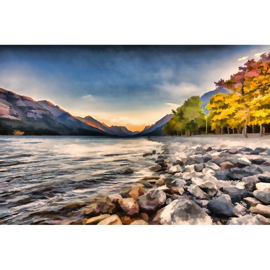 Waterton lake in autumn colours at sunset against the mountains Waterton Lakes National Park; Alberta Canada Image 1