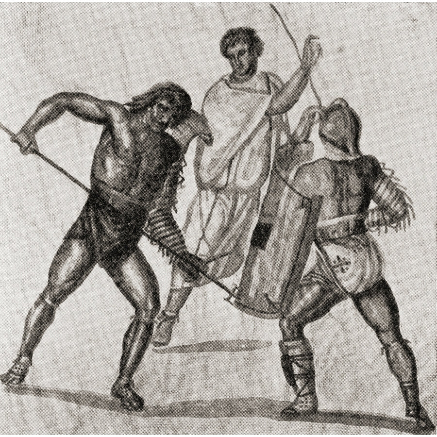 Two Gladiators Practising. Their Trainer Stands Behind Giving Them Instruction. After A Roman Mosaic. From A Book Of Image 1