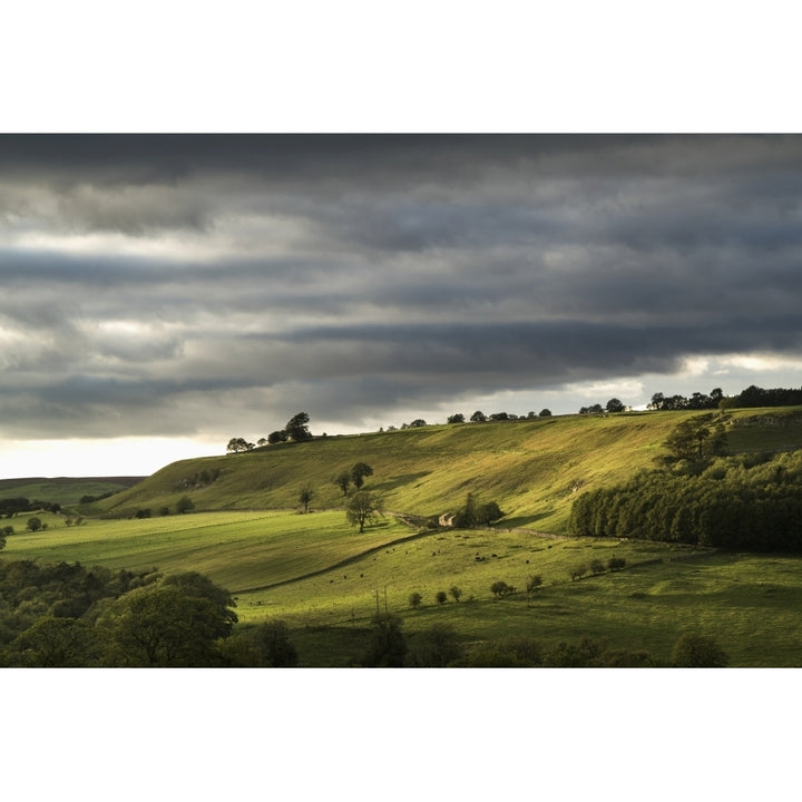 Green fields on rolling hills under a cloudy sky; Yorkshire Dales England Poster Print Image 2