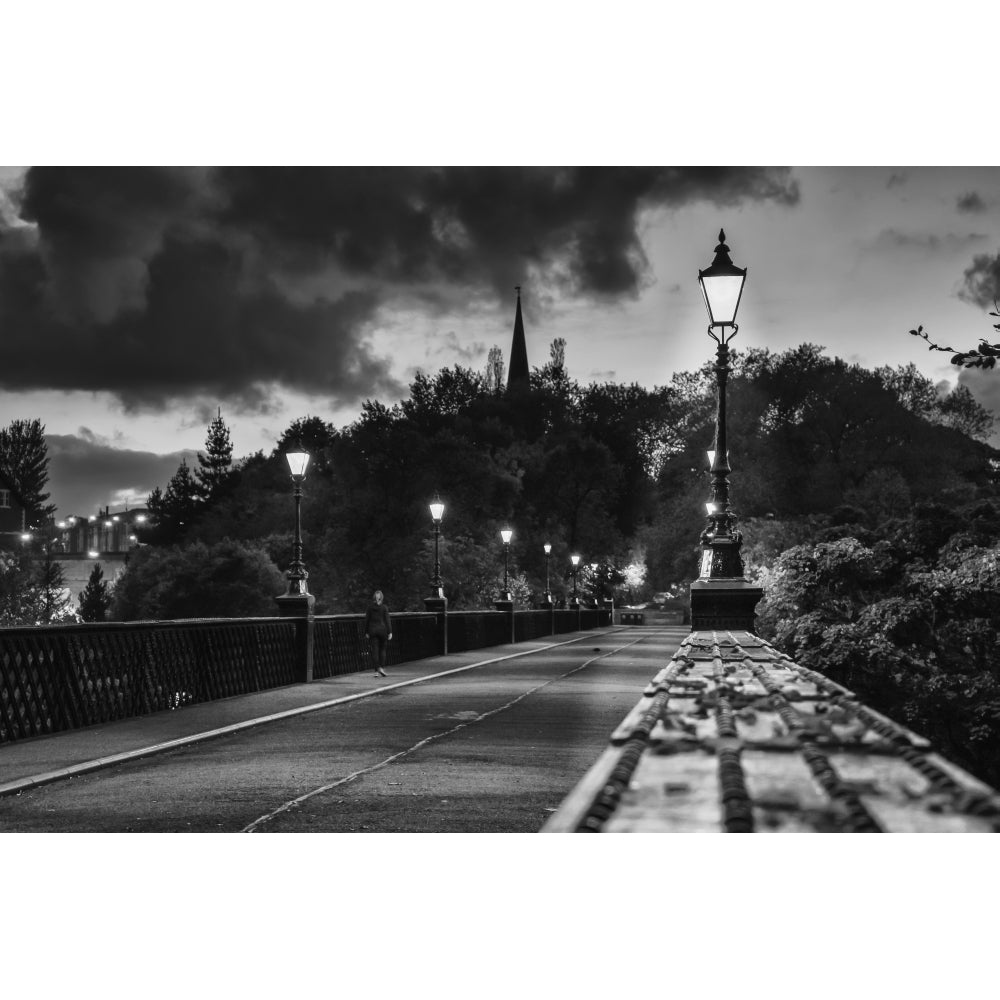 Illuminated lamp posts and fence along a train track; Newcastle Tyne and Wear England Poster Print Image 1