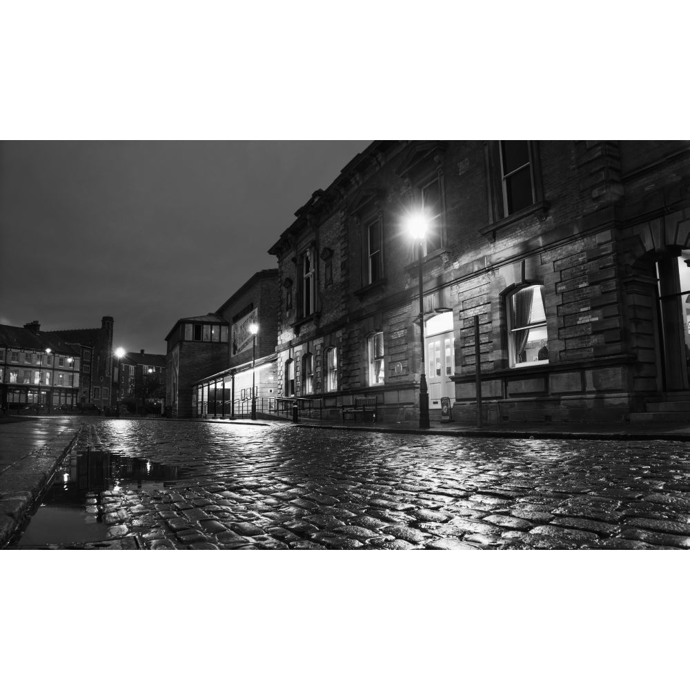 Light from a lamp post illuminating wet cobblestone road; South Shields Tyne and Wear England Poster Print Image 2