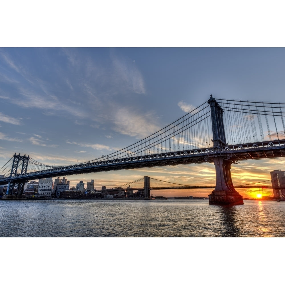 Sun setting behind Manhattan and Brooklyn Bridges; York City York United States of America Print Image 2