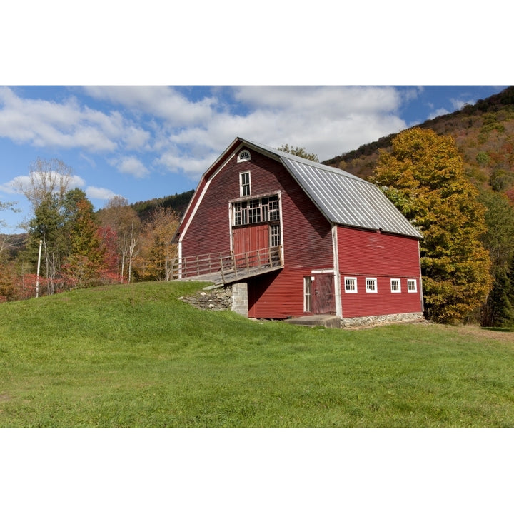 Red barn with blue sky along route 100 in autumn; Hancock Vermont United States of America Poster Print by Jenna Szerl Image 1