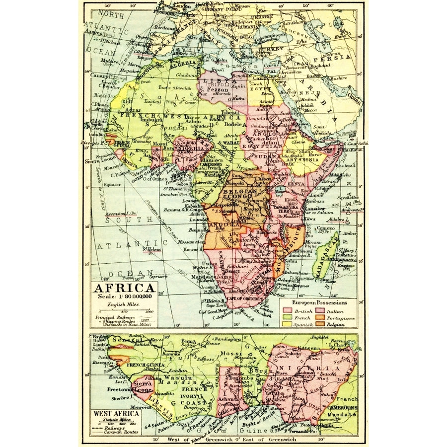 A 1930s map of Africa top with detail of west Africa bottom. Poster Print by Hilary Jane Morgan / Design Pics Image 1