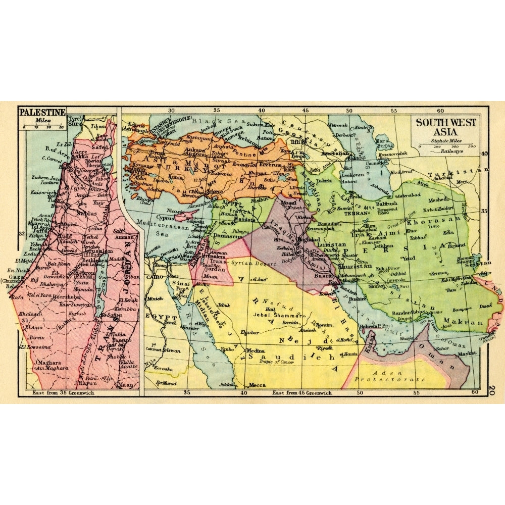 A 1930s map of Palestine left and south west Asia right. Poster Print by Hilary Jane Morgan / Design Pics Image 2