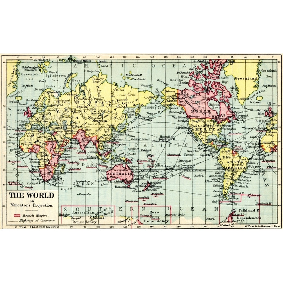 A 1930s map of the world on Mercators projection. The British Empire shown in red. Poster Print by Hilary Jane Morgan Image 1