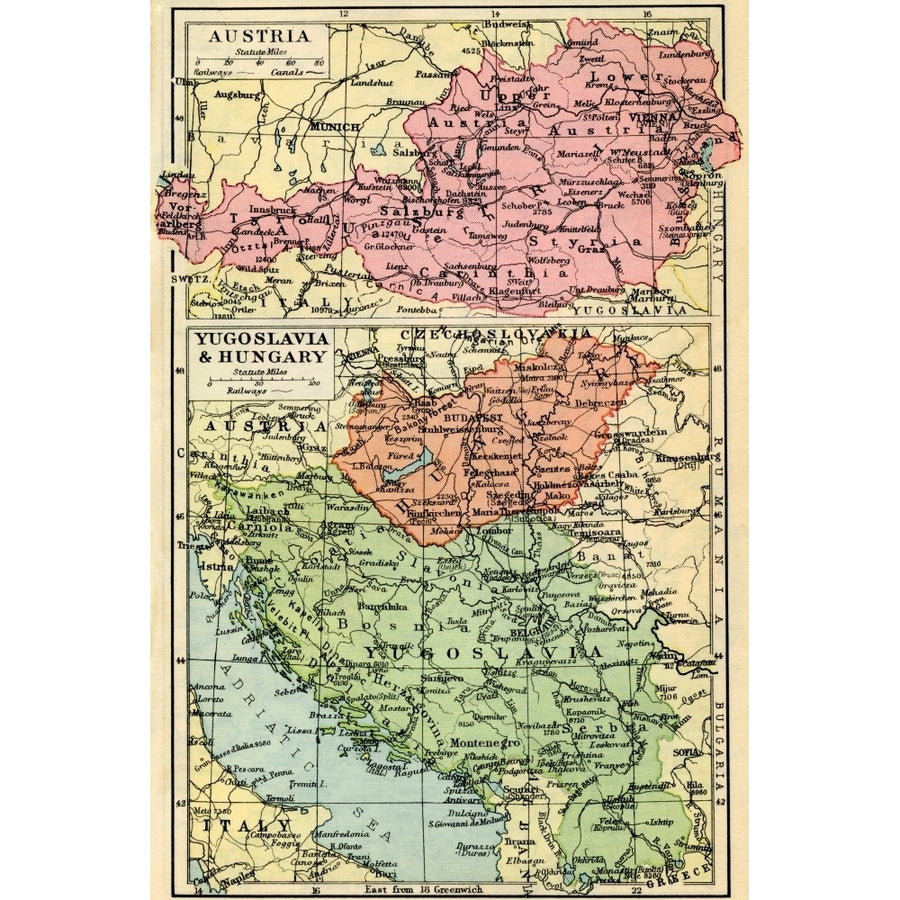 A 1930s map of Austria top and Yugosalvia and Hungary bottom. Poster Print by Hilary Jane Morgan / Design Pics Image 1