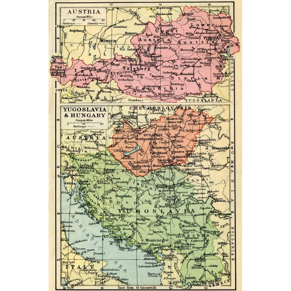 A 1930s map of Austria top and Yugosalvia and Hungary bottom. Poster Print by Hilary Jane Morgan / Design Pics Image 2