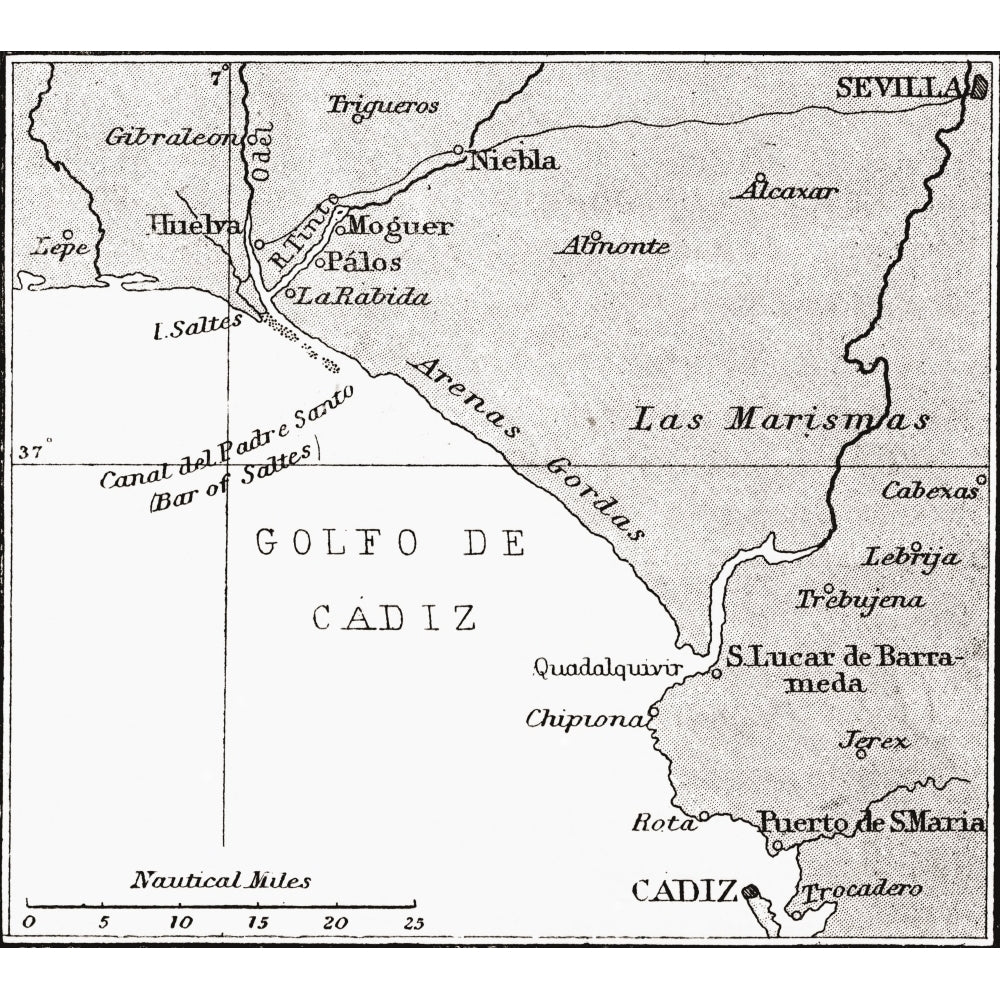 Map Of The Spanish Coast From Huelva To Cadiz. From The Book Life Of Christopher Columbus By Clements R. Markham Image 1