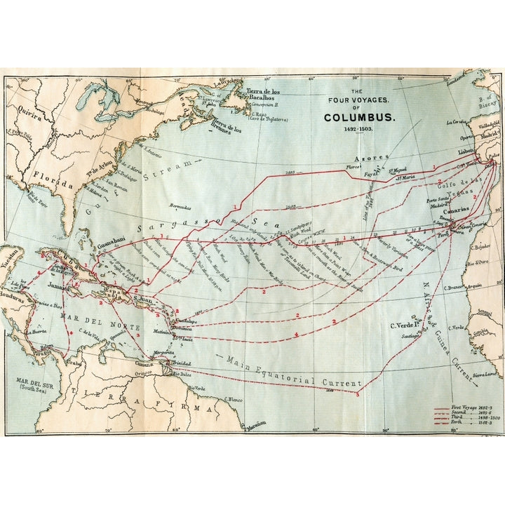 The Four Voyages of Christopher Columbus 1492 to 1503. From the book Life of Christopher Columbus 1892. Poster Print Image 1