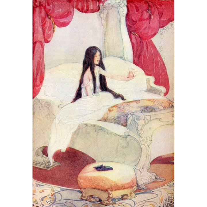 The House in the Wood illustration from The Golden Wonder Book published 1934. The bed was of ivory and the curtains Image 1