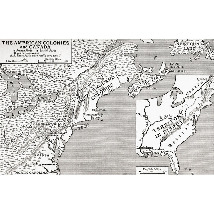 Map of The American Colonies and Canada showing the British Forts in 1755. From The Story of England published 1930. Image 2