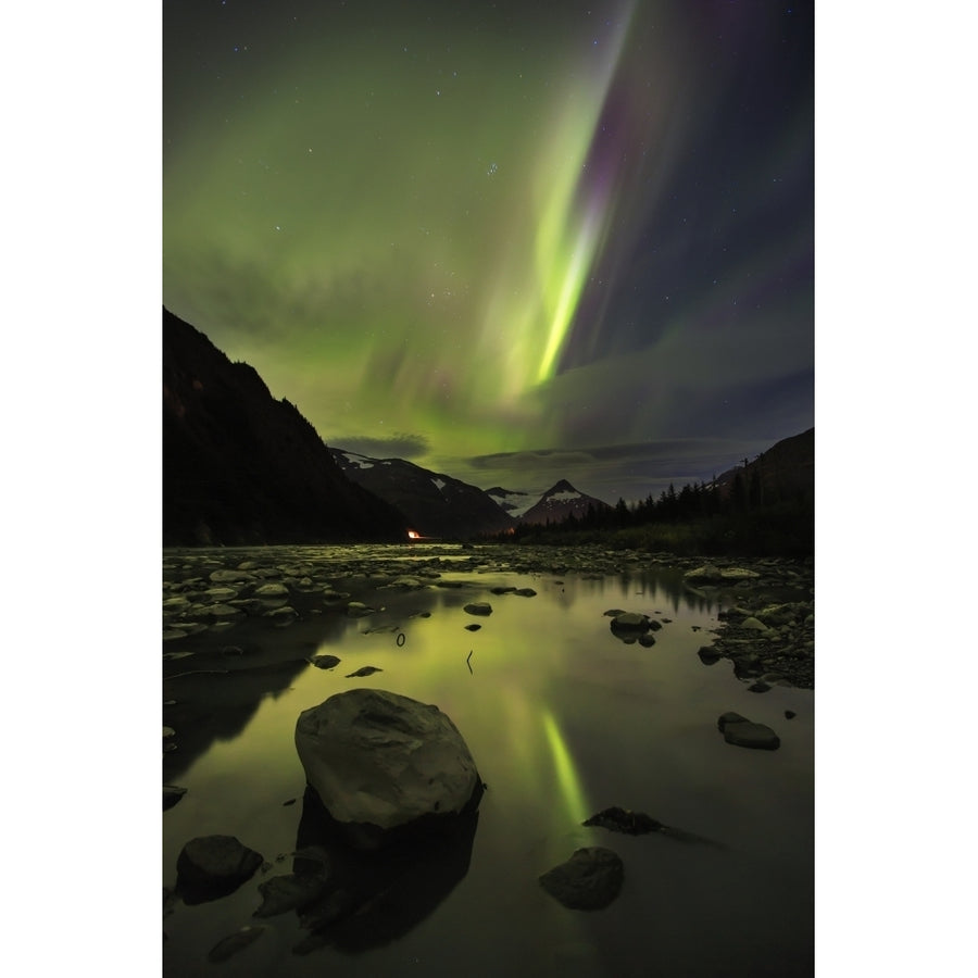 Aurora Borealis over the Portage River looking South back towards Portage Tunnel; Portage Alaska Uni Image 1