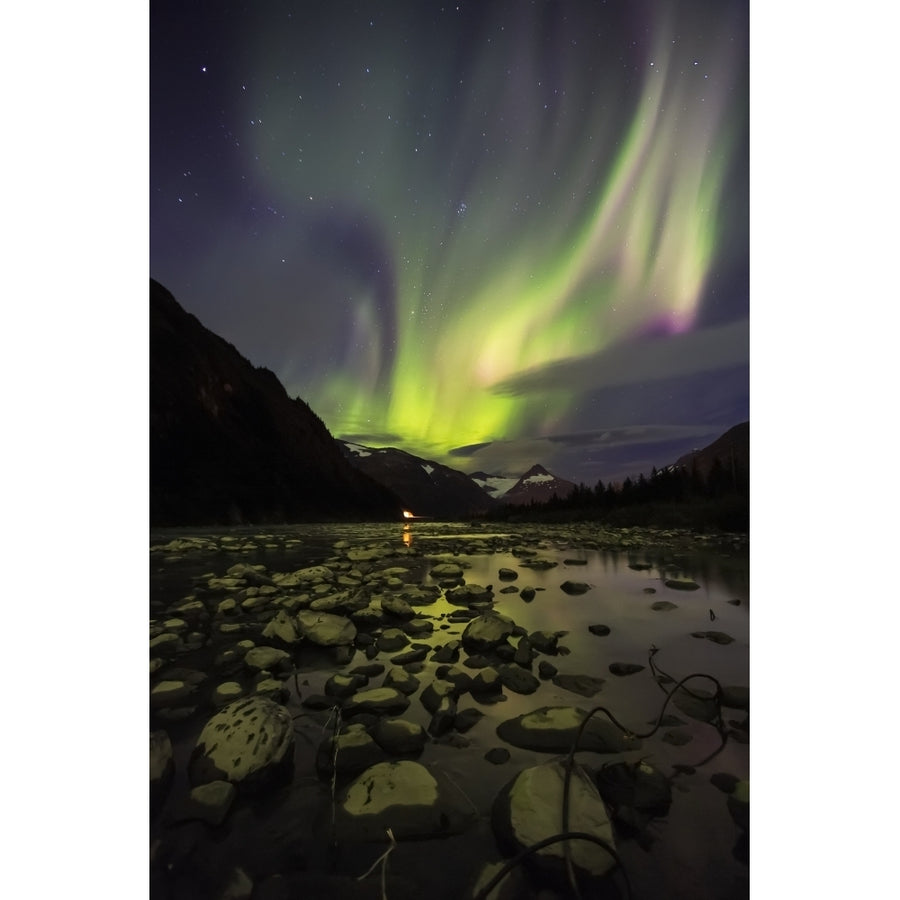 Aurora Borealis over the Portage River looking South back towards Portage Tunnel; Portage Alaska Uni Image 1