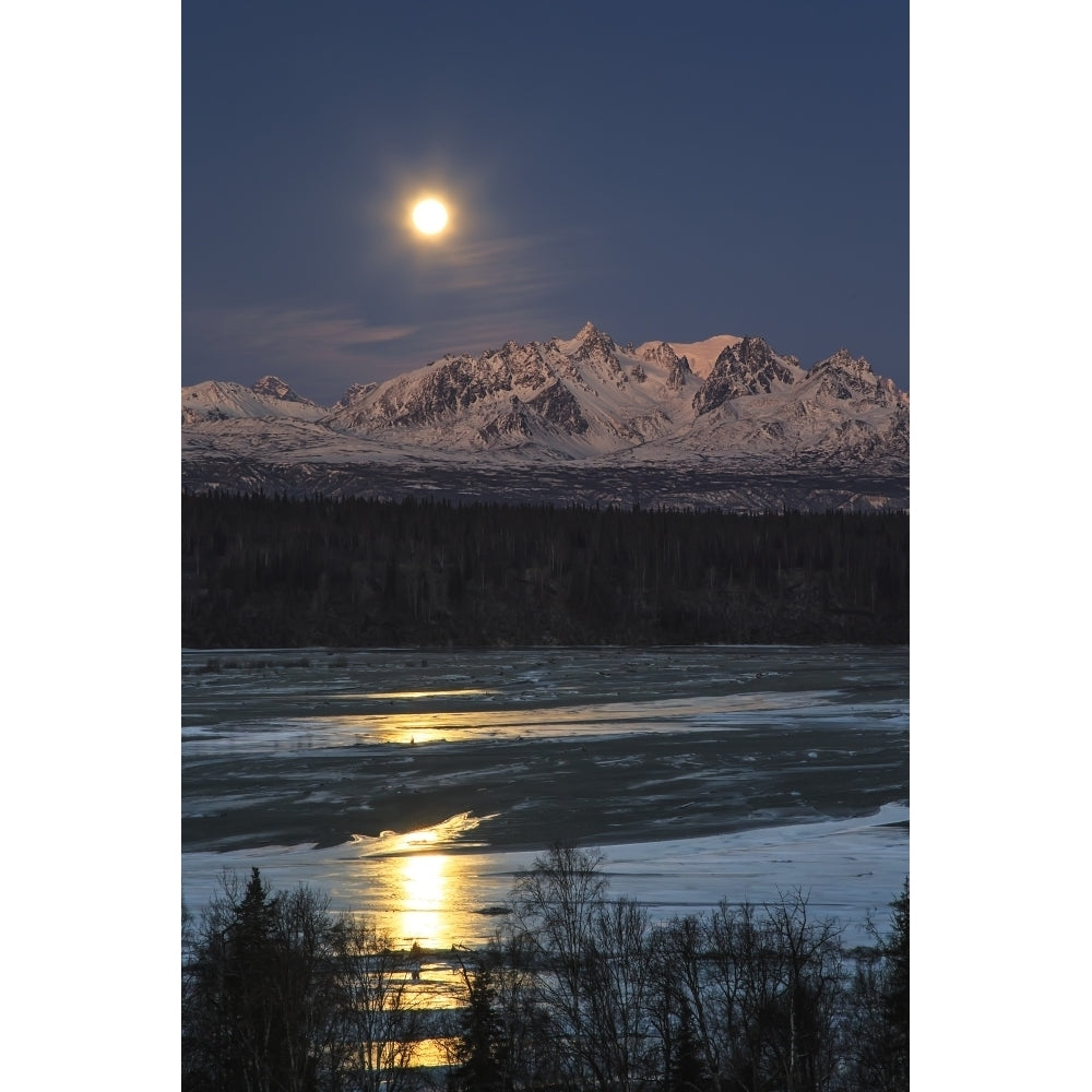 Super Moon as it descended over the Denali Range and Chulitna River along the Parks Highway; Trapper Creek Alaska Uni Image 1