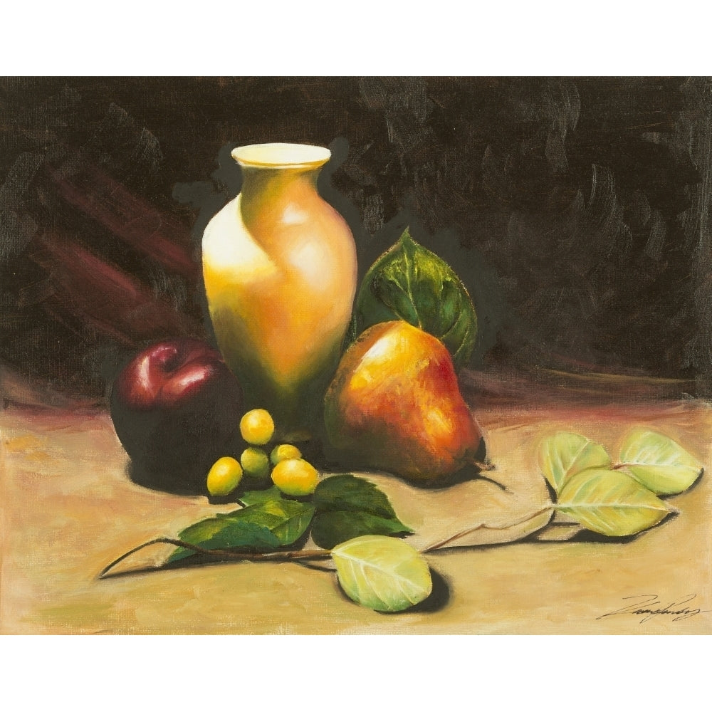 Oil painting of fruit and leaves with a vase Poster Print by Kane Pendry 12325982 Image 1