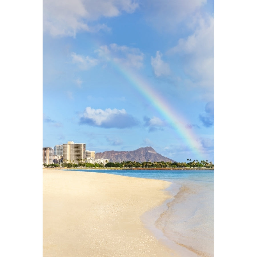 View Of Waikiki Beach And Diamond Head Crater At Ala Moana Beach Park With A Rainbow Overhead; Honolulu Oahu Hawaii Image 1