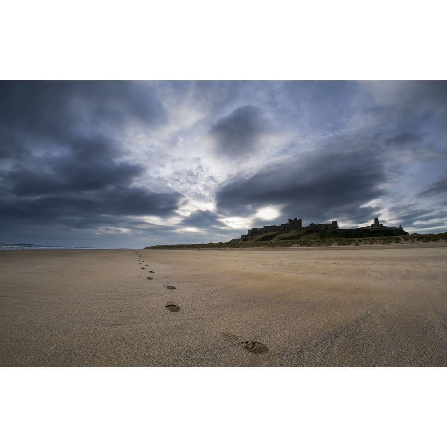 A Single Set Of Footprints On The Beach With Bamburgh Castle In The Background; Bamburgh Northumberland England by John Image 1