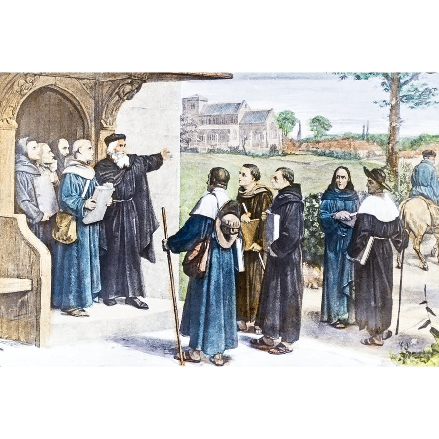 Magic Lantern Slide Hand Coloured Circa 1900 wycliffe Sending Forth Preachers Carrying Bibles On Path Outside Church. by Image 1