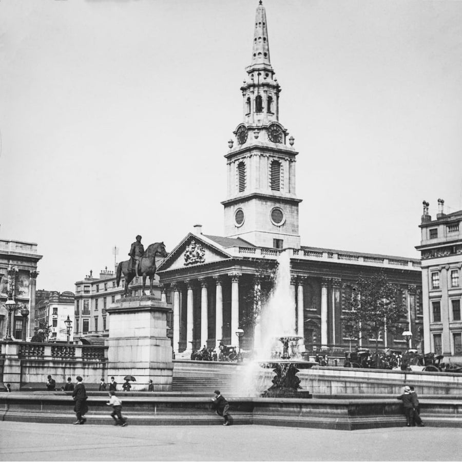 Magic Lantern Slide Circa 1900.victorian.fountain In Trafalgar Square Showing Equestrian Statue Of Charles I And St Image 1