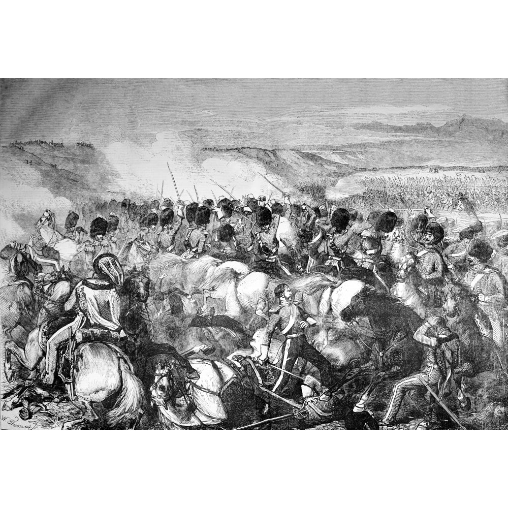 The Illustrated London News etching from 1854. The battle of Balaclava attack of the Scots Greys.Crimean War by John Image 1