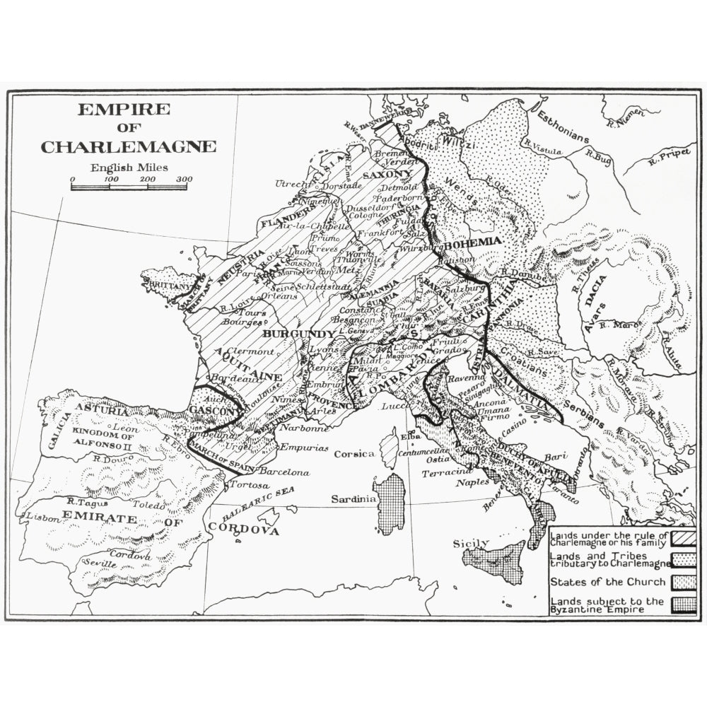 Map of France showing the Empire of Charlemagne 9th century. From France Mediaeval and Modern A History published 1918. Image 1