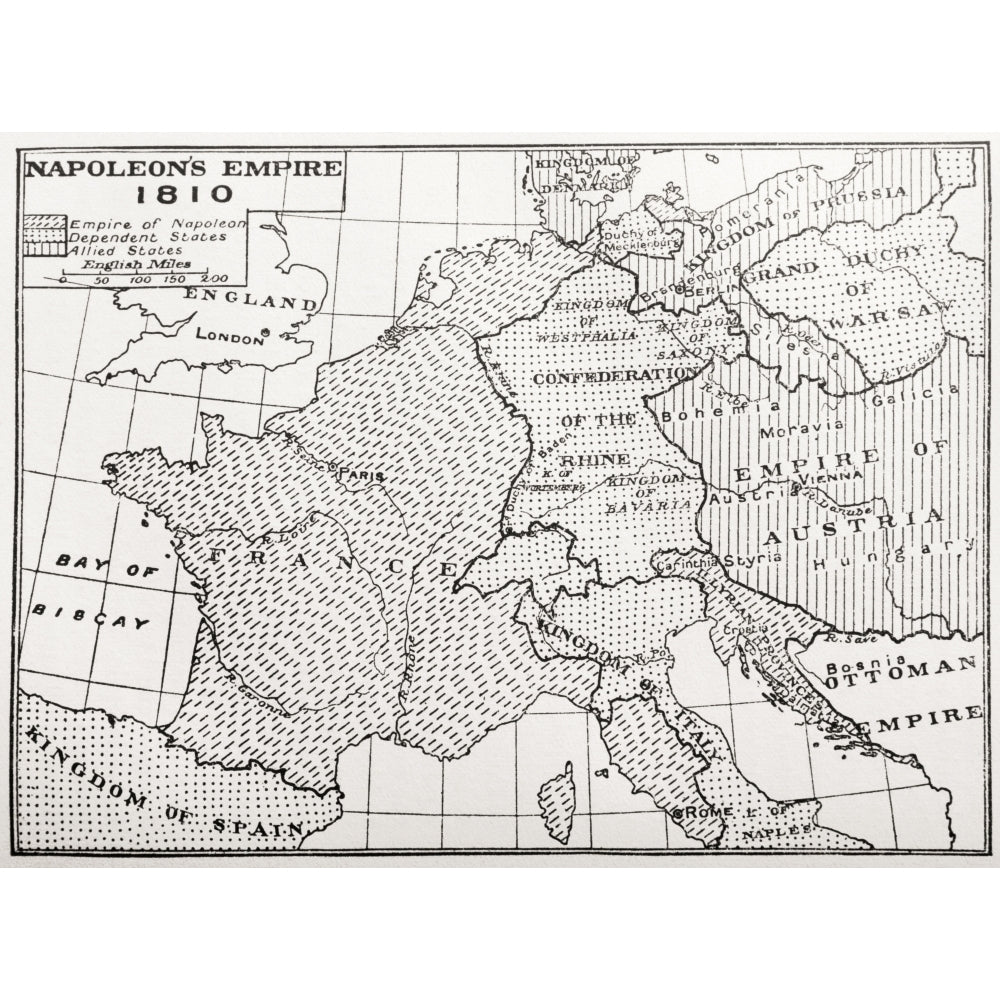 Map showing Napoleons Empire France 1810. From France Mediaeval and Modern A History published 1918. by Ken Welsh / Image 1