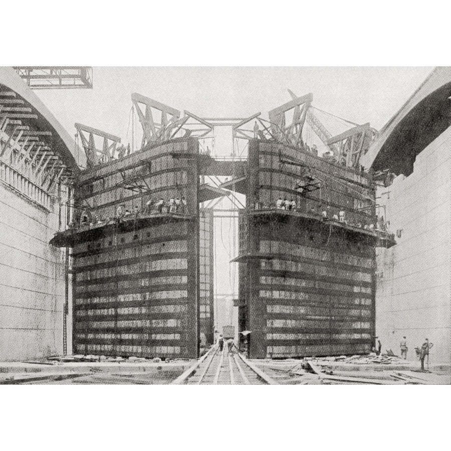 Riveters at work on the lock gates at Miraflores Panama Canal 1910. From Hutchinsons History of the Nations published Image 1