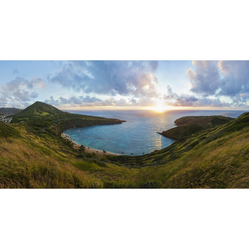 View of Hanauma Bay Nature Preserve at sunrise from the top of the ridge East Honolulu; Honolulu Oahu Hawaii United Image 1