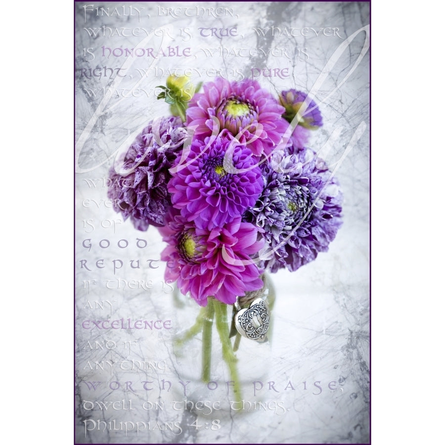 Marbled purple dahlias arranged in a glass jar with Philippians 4:8 written in the background and the word lovely Image 1