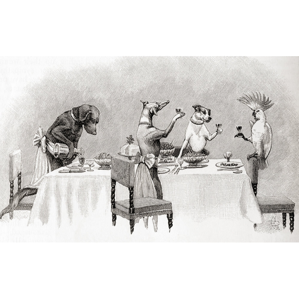 Three dogs and a cockatoo having a dinner party and toasting each other From The Strand Magazine published January to Image 1