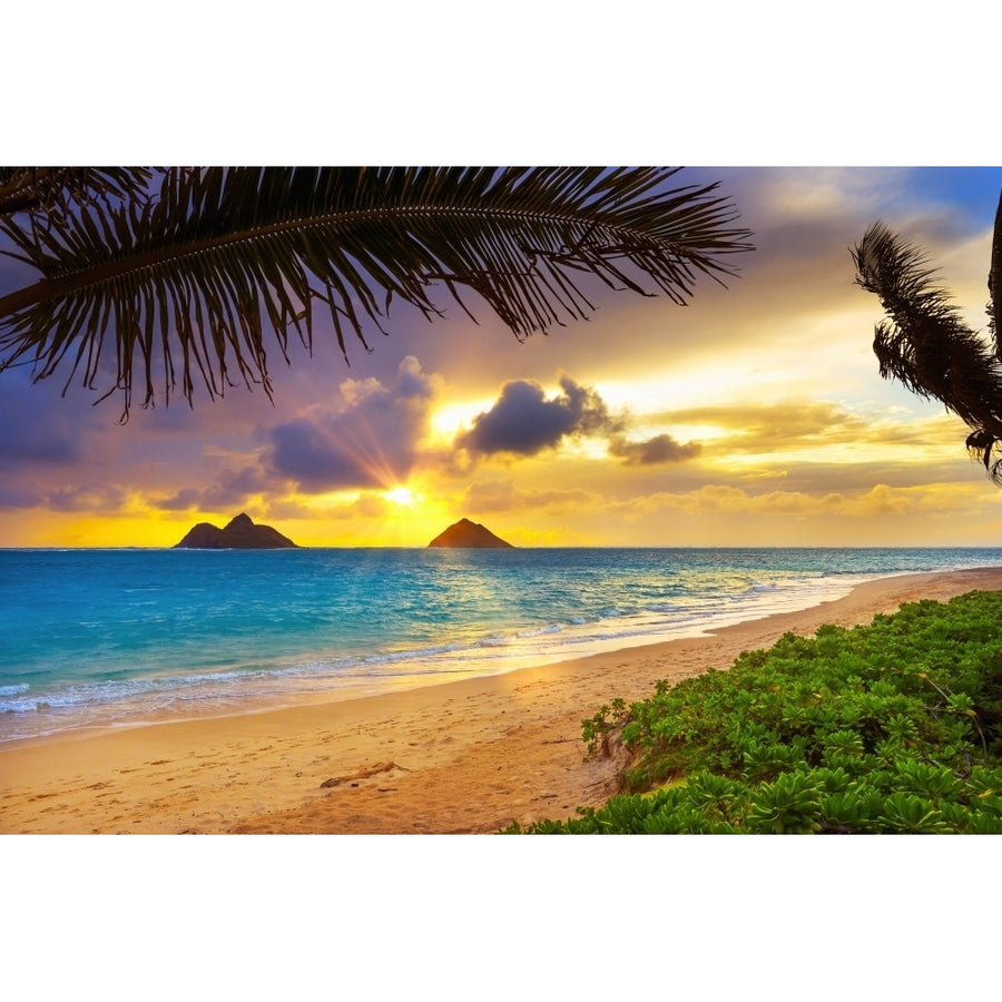 Sunrise viewed from Lanikai Beach with a view of the Mokulua Islands off the coast; Oahu Hawaii United States of America Image 1