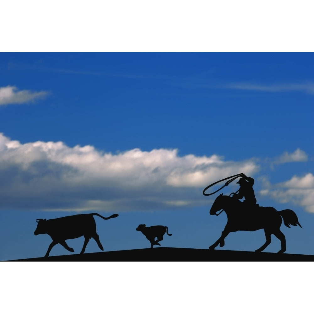 Silhouette Of A Rancher Roping Cattle Poster Print Image 1