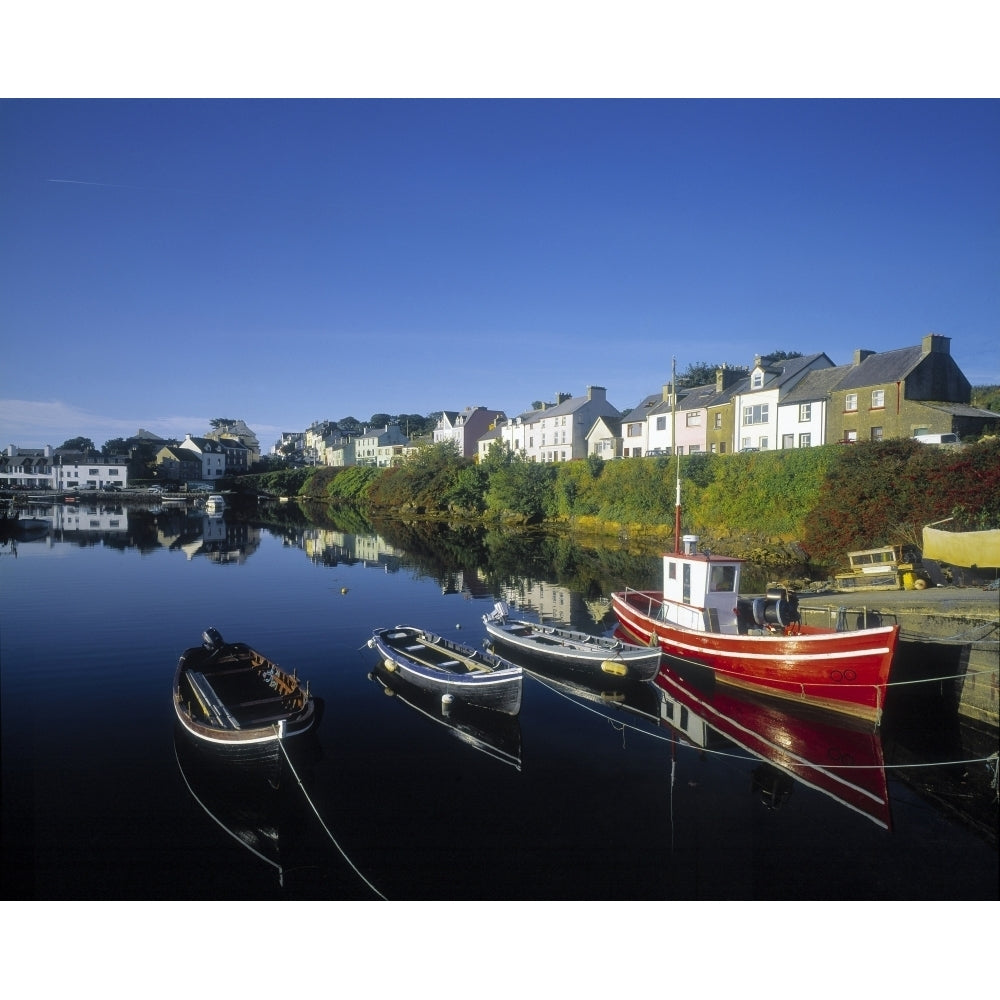 Boats Moored At A Harbor Roundstone Harbor Connemara County Galway Republic Of Ireland Poster Print Image 1