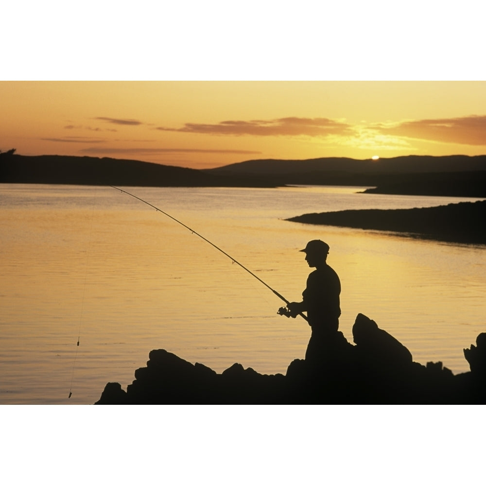 Silhouette Of A Fisherman Fishing On The Coast Roaring Water Bay County Cork Republic Of Ireland Print Image 2