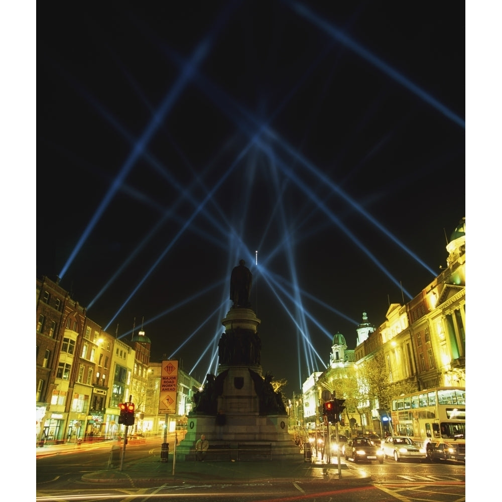 Spire Of Dublin Oconnell Street Dublin Ireland; Eu Celebrations With Searchlights In Night Sky Print Image 2