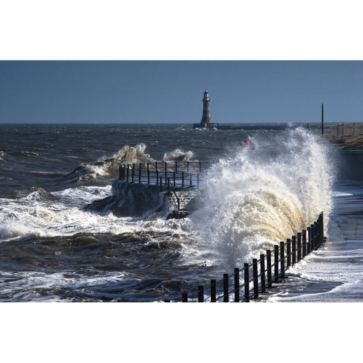 Waves Crashing By Lighthouse At Sunderland Tyne And Wear England United Kingdom Poster Print Image 1