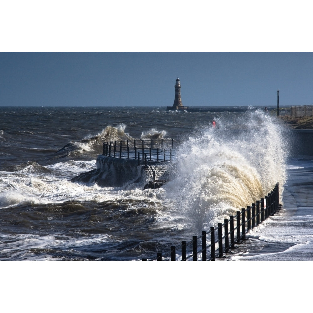 Waves Crashing By Lighthouse At Sunderland Tyne And Wear England United Kingdom Poster Print Image 2