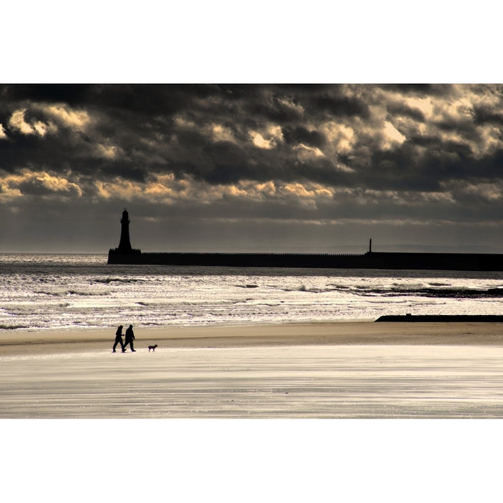 Scenic View Of Sandy Beach With Lighthouse And Groyne; Sunderland Tyne And Wear England Uk Poster Print Image 2