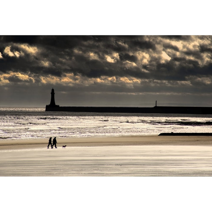 Scenic View Of Sandy Beach With Lighthouse And Groyne; Sunderland Tyne And Wear England Uk Poster Print Image 1