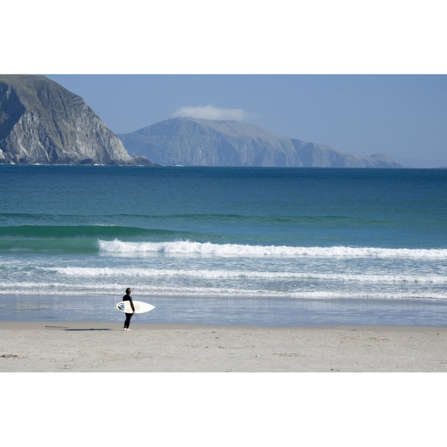 Achill Island Co Mayo Ireland; Surfer Walking Along Trawmore Beach Poster Print Image 1