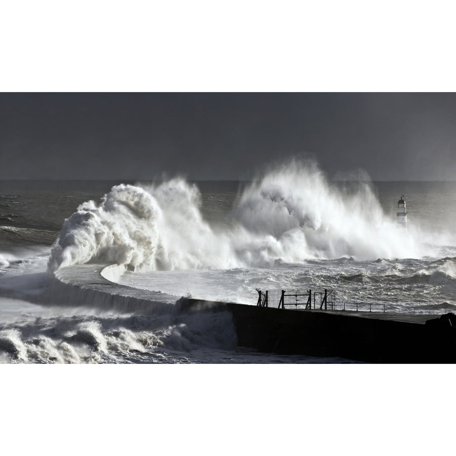 Seaham England; Stormy Waves Pounding Seawall Poster Print Image 1