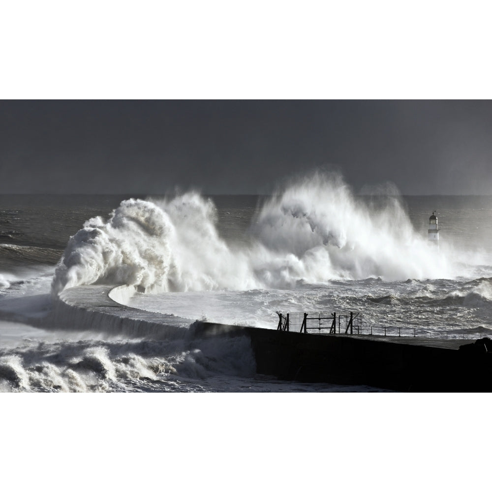 Seaham England; Stormy Waves Pounding Seawall Poster Print Image 2