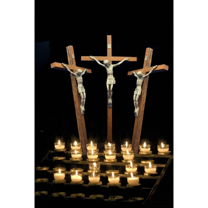 Three Crosses Depicting Crucifix With Candles Poster Print Image 1