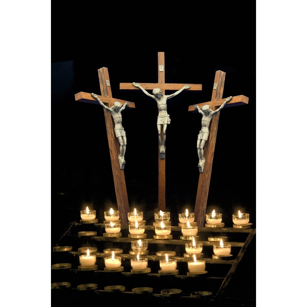 Three Crosses Depicting Crucifix With Candles Poster Print Image 2