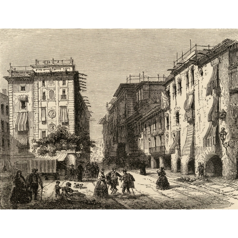 Street In Barcelona Spain. From The Book Spanish Pictures By The Rev Samuel Manning Published 1870. Print Image 1