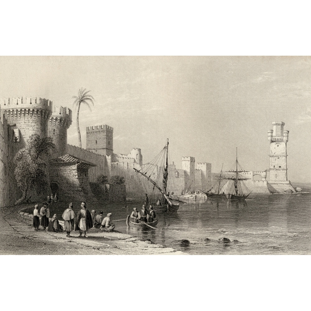 Harbour Of Rhodes Greece. Engraved By J.C.Armytage After W.H.Bartlett. Poster Print Image 1