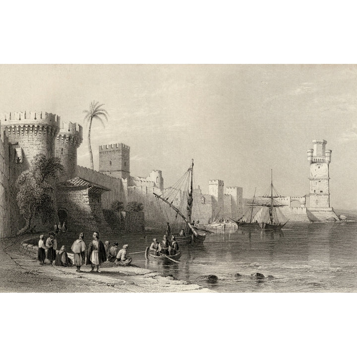 Harbour Of Rhodes Greece. Engraved By J.C.Armytage After W.H.Bartlett. Poster Print Image 1