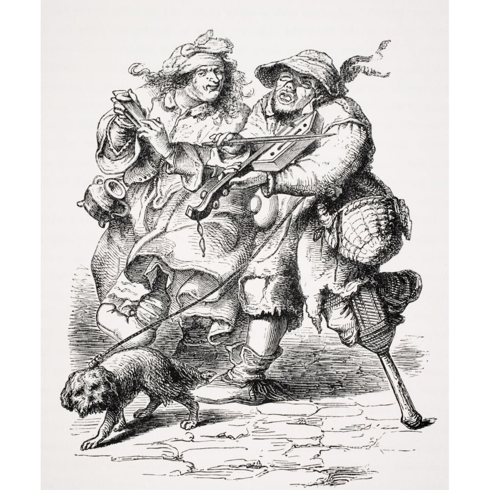 Beggar Playing The Fiddle And His Wife Accompanying Him With Bones Copy Of An Old Engraving Of The Seventeenth Century 1 Image 1