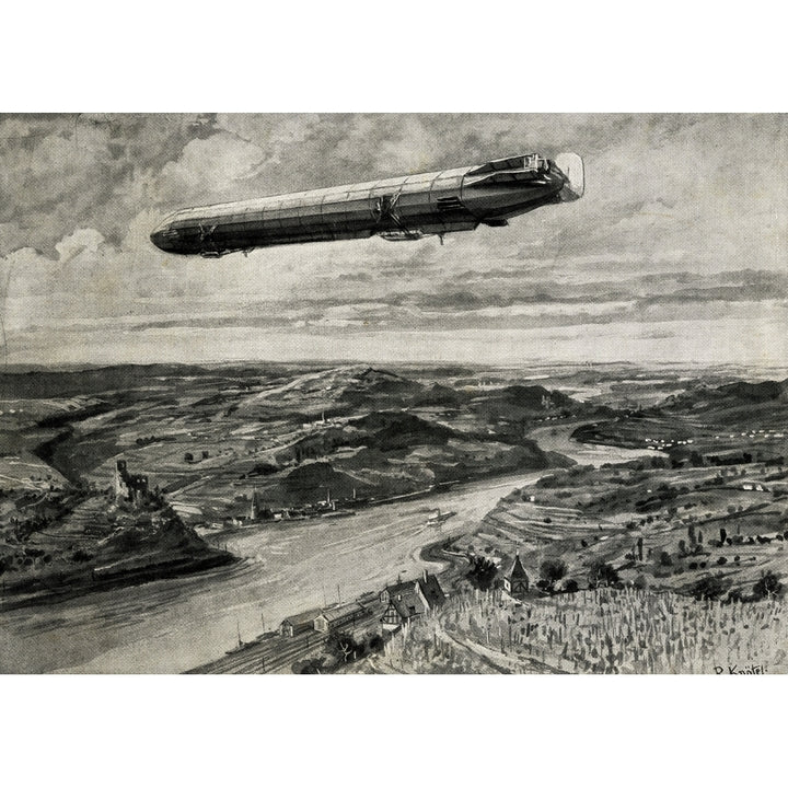 Zeppelin Airship In Flight Over The Rhine Circa.1900. From A Print By R. Kn_tel. Poster Print Image 2